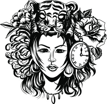 Neo Traditional Tattoo style, Native American girl with Tiger headdress Lineart old school tattoo