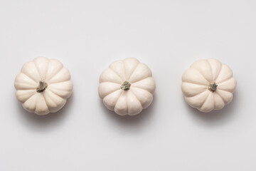 Three white pumpkin in middle on bright background. Flat lay in minimal style with copy space.