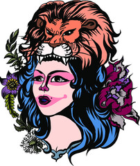 Neo Traditional Tattoo style, Native American girl with Tiger headdress Lineart old school tattoo