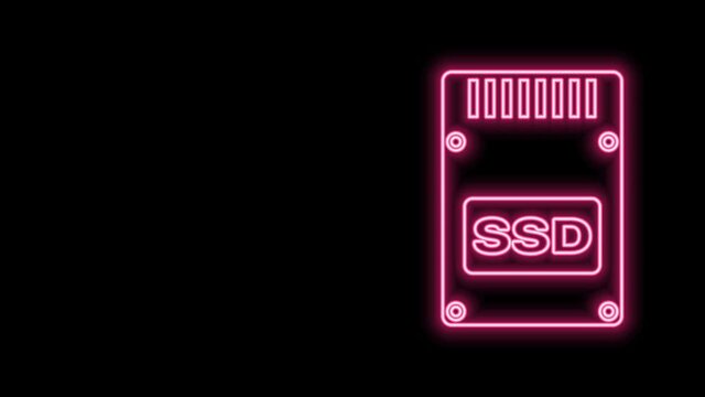 Glowing neon line SSD card icon isolated on black background. Solid state drive sign. Storage disk symbol. 4K Video motion graphic animation
