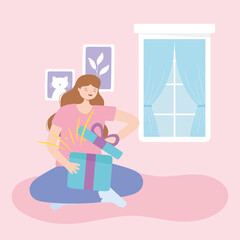 alone girl opening gift box in the room