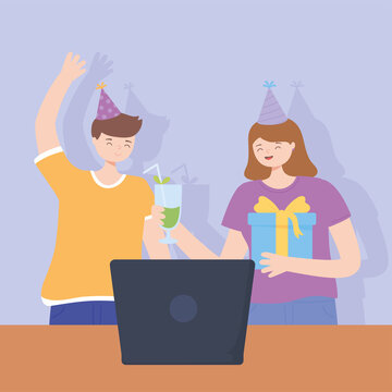 online party, girl with cocktail gift and boy with laptop celebration