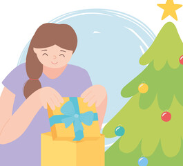 girl opening gift box with christmas tree cartoon