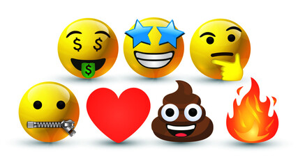 3d vector round yellow cartoon bubble emoticons social media Facebook Instagram Whatsapp chat comment reactions, icon template face money, zip, thinking fire star love heart emoji character message