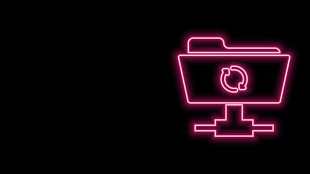 Glowing neon line FTP sync refresh icon isolated on black background. Software update, transfer protocol, router, teamwork tool management, copy process. 4K Video motion graphic animation
