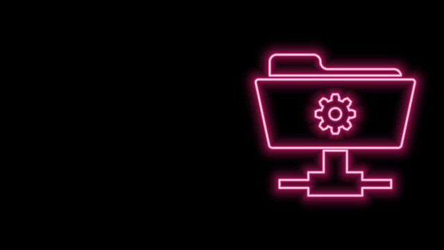 Glowing neon line FTP settings folder icon isolated on black background. Software update, transfer protocol, router, teamwork tool management, copy process. 4K Video motion graphic animation