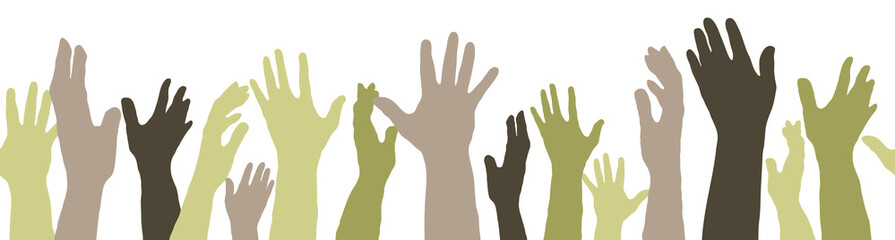 Urban-style illustration of a crowd with their hands up.