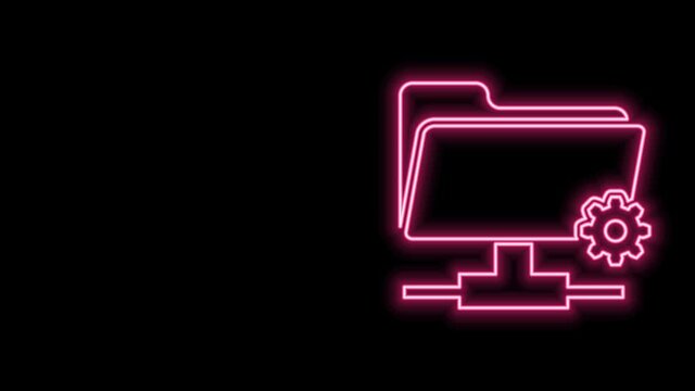 Glowing neon line FTP settings folder icon isolated on black background. Software update, transfer protocol, router, teamwork tool management, copy process. 4K Video motion graphic animation