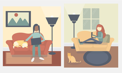 Work from home remote worker on sofa with dog and cat in living room. 2D flat illustration cartoon style.