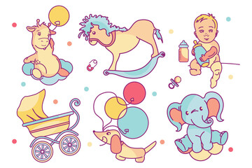 Kids set of cute Isolated and editable elements such as newborn child, cub, giraffe, dachshund with balloons, a stroller, and a pony.