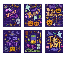 Set of 6 vector cute cartoon Halloween banners.