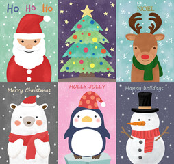 クリスマスのサンタクロース、クリスマスツリー、トナカイ、しろくま、ペンギン、雪だるまのイラストセット