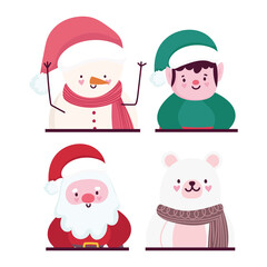 merry christmas, cute portrait santa helper bear and snowman icons