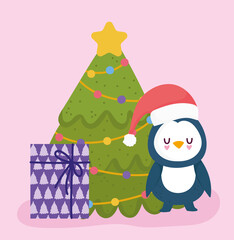 merry christmas, cute penguin with hat tree and gift celebration card