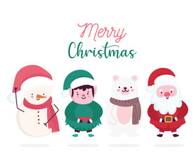 merry christmas, cute santa snowman helper and bear card for greeting