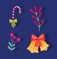 Obraz premium merry christmas, bells candy cane branch holly berry icons