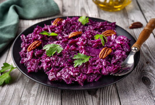 Close up of a plate with healthy vegan red cabbage salad