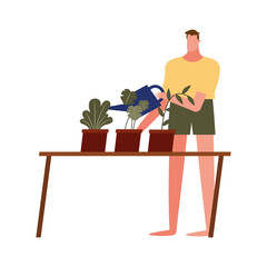 man with plants and watering can vector design