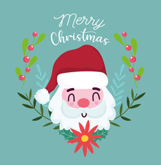 merry christmas, cute santa face flower wreath decoration card for greeting