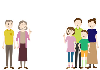 Illustration of a three generation family (grandfather, grandmother, father, mother, girl, boy set)