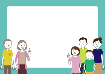 Illustration frame of a three generation family (grandfather, grandmother, father, mother, girl, boy set)