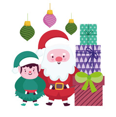 merry christmas, santa and helper gift and balls card for greeting