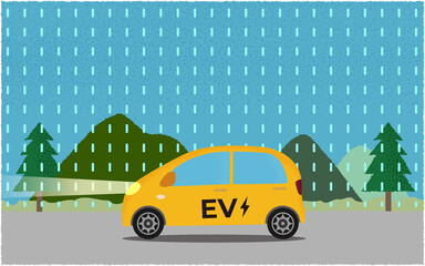 雨の中、ライトを点けて山沿いの道を進む黄色い電気自動車のベクターイラスト