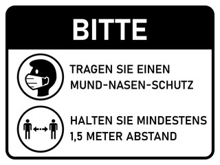 Horizontal Instruction Signboard with Basic Set of Measures against Coronavirus in German, including Please Wear Face Masks and Stay at least 1,5 Meters Apart. Vector Image.
