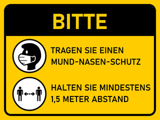 Fototapeta premium Horizontal Instruction Signboard with Basic Set of Measures against Coronavirus in German, including Please Wear Face Masks and Stay at least 1,5 Meters Apart. Vector Image.