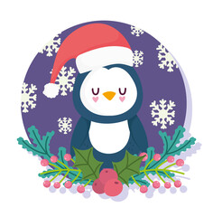 merry christmas, cute penguin with hat floral holly berry and snowflakes card