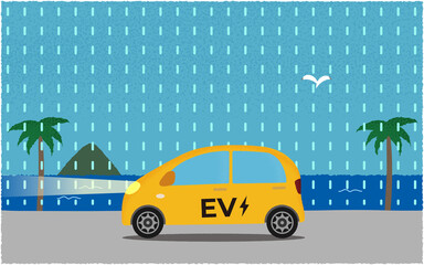 雨の中、ライトを点けて海沿いの道を進む黄色い電気自動車のベクターイラスト