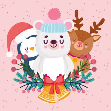merry christmas, cute bear penguin reindeer bells and holly berry celebration card