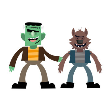 halloween frankenstein and werewolf cartoon vector design