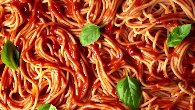 Top view of vegan cooked spaghetti with tomato sauce. Pasta background