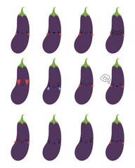 Set Kawaii Cartoon Aubergine. Vector Illustration
