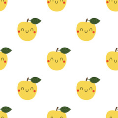 Kawaii Cartoon Apple. Colored Seamless Patterns