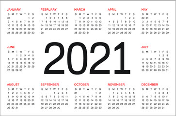 Year 2021 calendar vector design template, simple and clean design