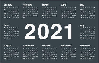 Year 2021 calendar vector design template, simple and clean design