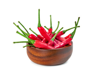 red fresh chili pepper with wooden bowl isolated on white background