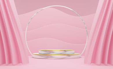 podium empty with geometric shapes and curtain in pink pastel composition for modern stage display and minimalist mockup ,abstract showcase background ,Concept 3d illustration or 3d render