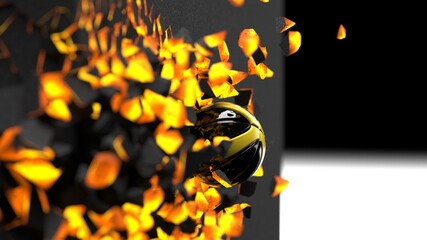 Black-Yellow Baseball breaking with great force through a hot iron wall under spot light background. 3D high quality rendering.