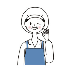 作業服 OKサインを出す調理補助のシニア女性