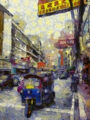 Yaowarat China Town, Bangkok Illustrations creates an impressionist style of painting.