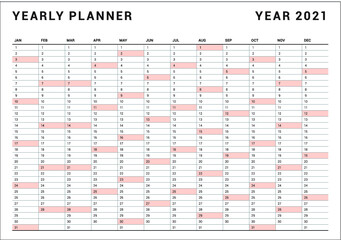 Year 2021 calendar vector design template, simple and clean design
