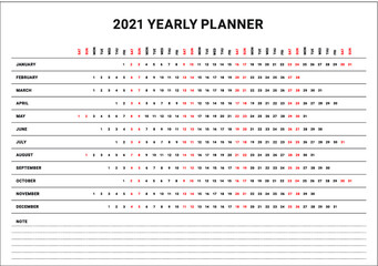 Year 2021 calendar vector design template, simple and clean design