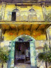 Ancient buildings in european architecture in bangkok Illustrations creates an impressionist style of painting.