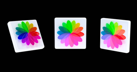 A 3D flower sign icon is placed on a black background. multicolor icon. Icon for mobile application. 3d illustration.