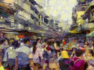 Fototapeta na wymiar Yaowarat China Town, Bangkok Illustrations creates an impressionist style of painting.