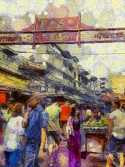 Fototapeta na wymiar Yaowarat China Town, Bangkok Illustrations creates an impressionist style of painting.
