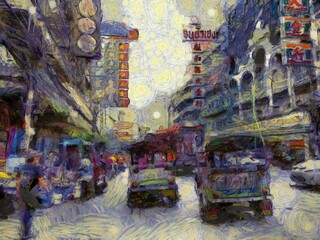 Obraz premium Yaowarat China Town, Bangkok Illustrations creates an impressionist style of painting.